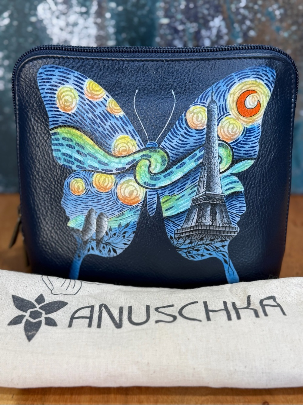Anuschka Boho “Starry Paris” Hand-Painted Leather Crossbody EUC